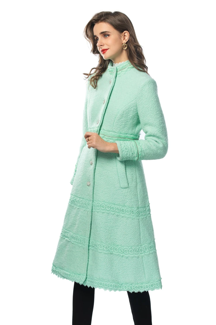 Women's Coat Stand Collar Long Sleeves Lace Piping Elegant Fashion Outerwear Trench