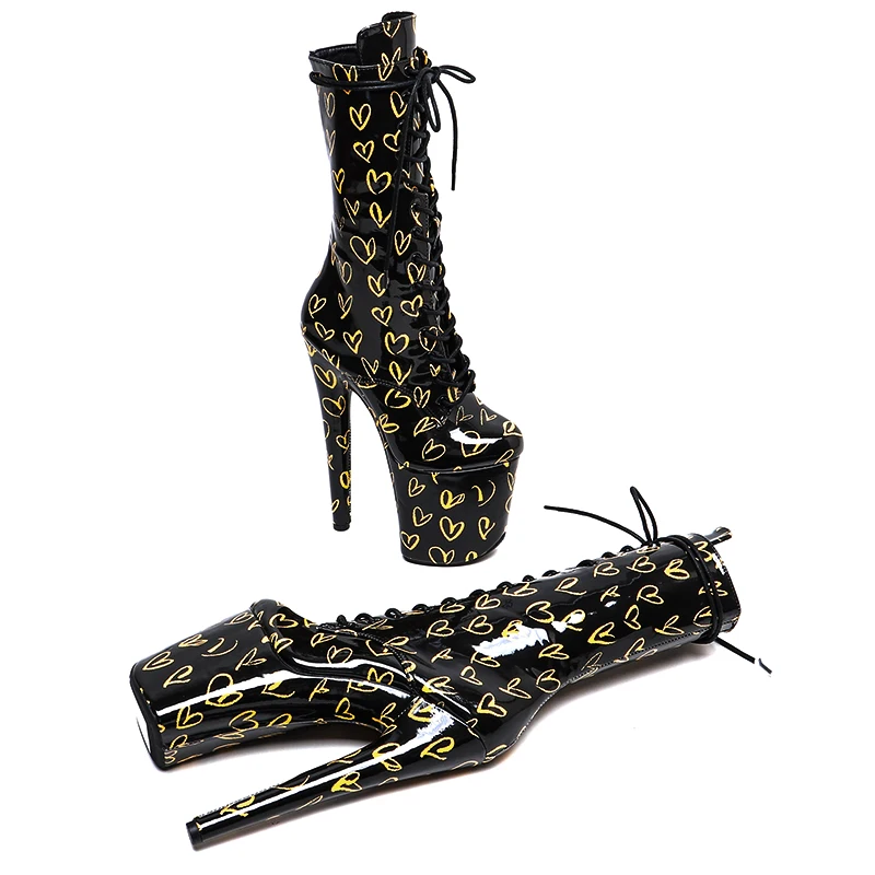 Leecabe  20CM/8inches patent Upper  loving heart Pattern Fashion trend platform High Heel party  stripper heel  Pole Dance boots