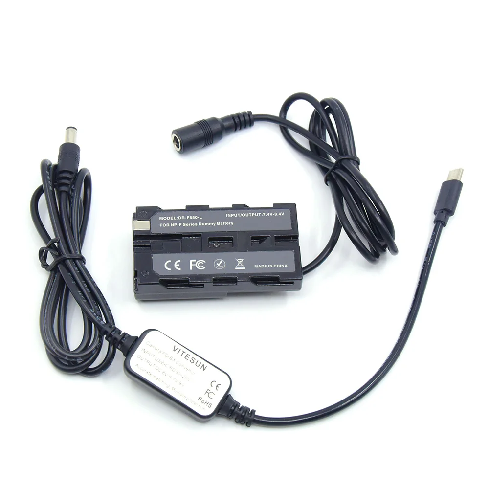 Cable de alimentación USB tipo C + batería ficticia de NP-F550, acoplador de CC compatible con DK-415 para cámara Sony NEX-FS100 y BMPCC, luz LED, F750, F960, F970