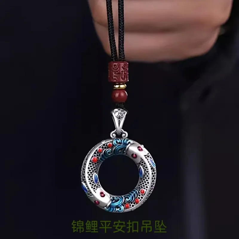 Fashion Hollow Koi Necklaces for Men and Women Retro Circle Carving Carp Ping Buckle Pendant Cinnabar Rope Jewelry Accessories