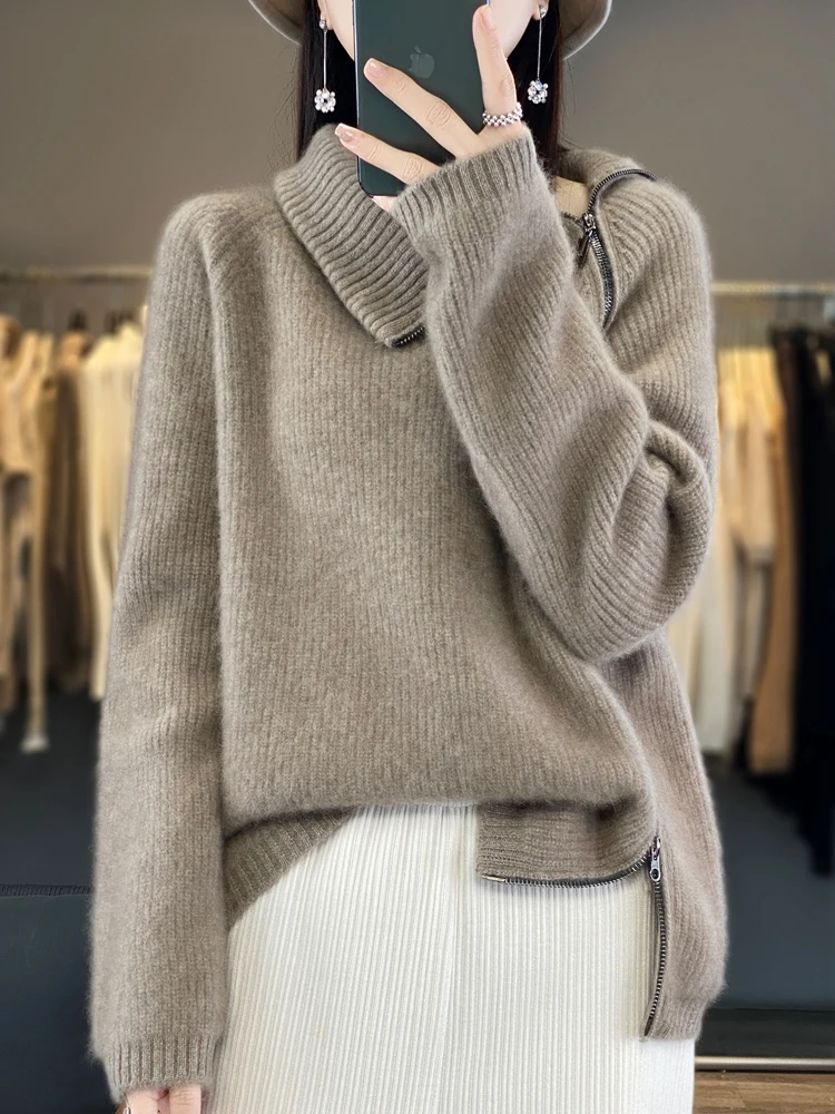 Women Turtleneck Zipper Cardigan Autumn Winter 100% Merino Wool Sweater Casual Thick Warm Cashmere Knitwear Korean Fashion Tops