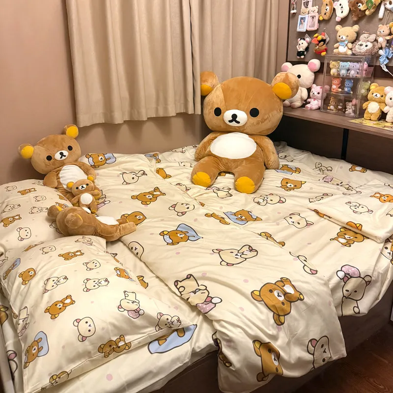 Rilakkuma Anime Duvet Cover Set Cartoon Cotton Bedding Set Flat Sheet Pillowcases For Single Double Bed Student Dorm Bedroom