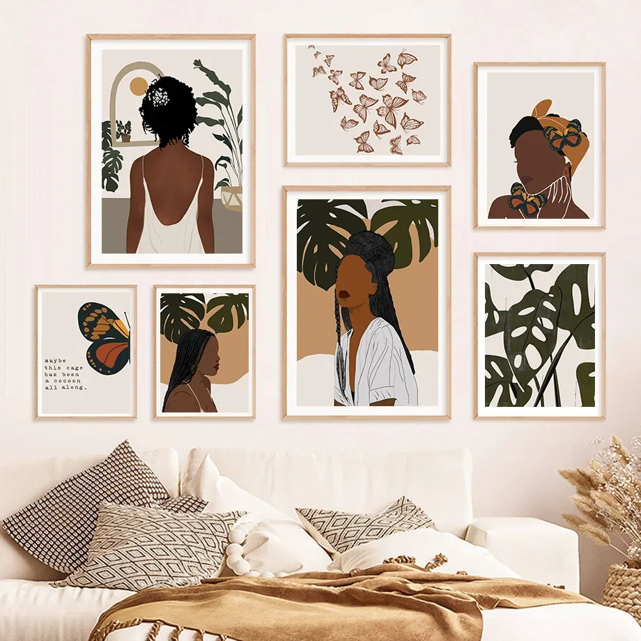 

Monstera Butterfly African Woman Abstract Wall Art Mural Canvas Painting Posters And Prints Wall Pictures For Living Room Decor