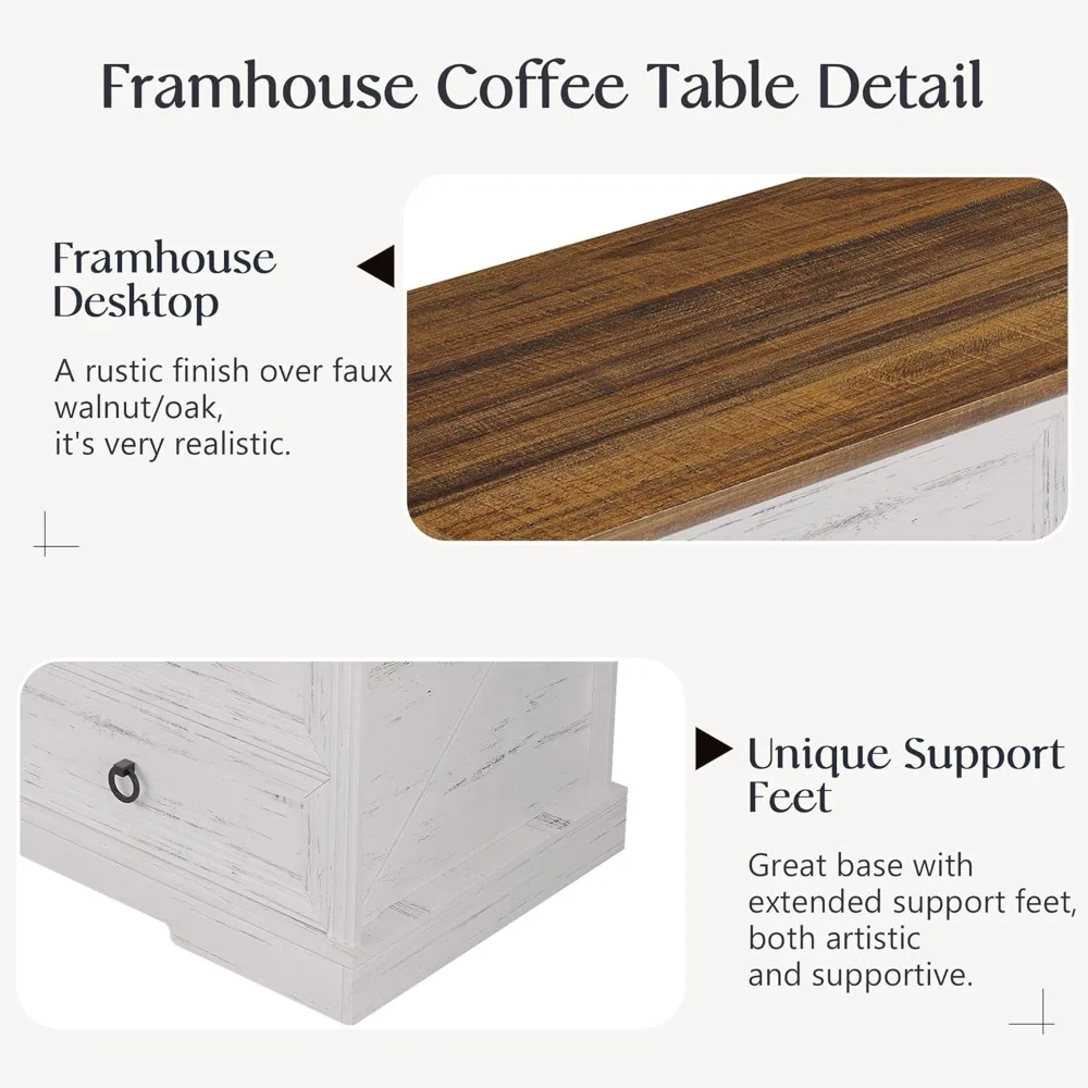 Mesa de centro de madeira estilo fazenda com 4 gavetas, peça central de armazenamento para sala de estar em nogueira branca antiga 47,2