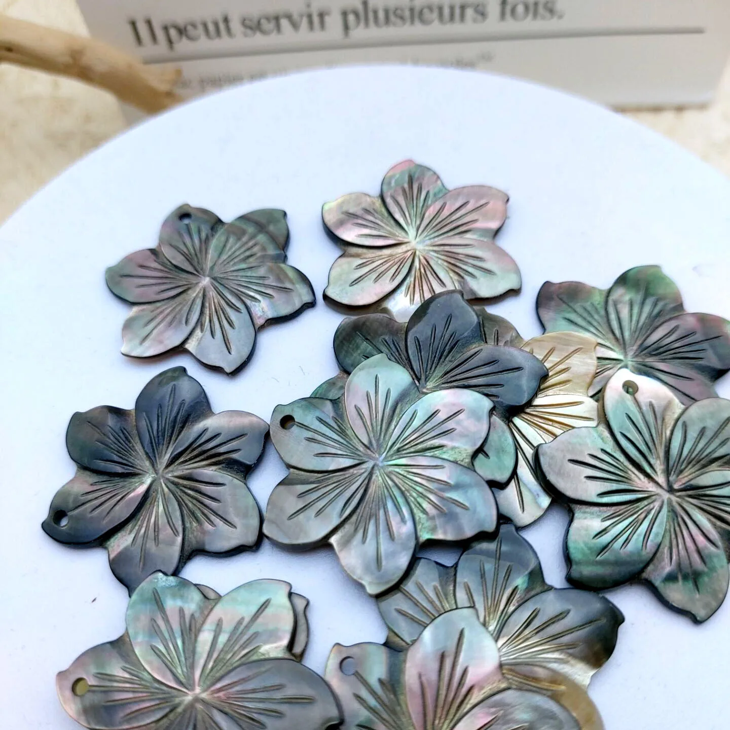 4 Stück 30 cm natürliche handgeschnitzte schwarze Perlmutt-Blumen-Anhänger für die Schmuckherstellung, hawaiianischer Insel-Schmuck