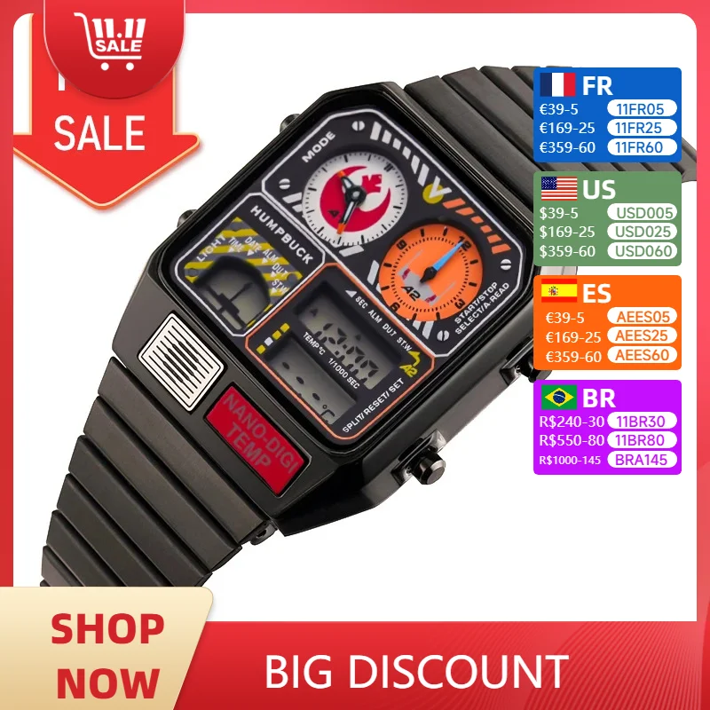 HUMPBUCK-Praça dos homens Dial Relógios, Design criativo, impermeável, cronômetro LED, exibição de temperatura, moda