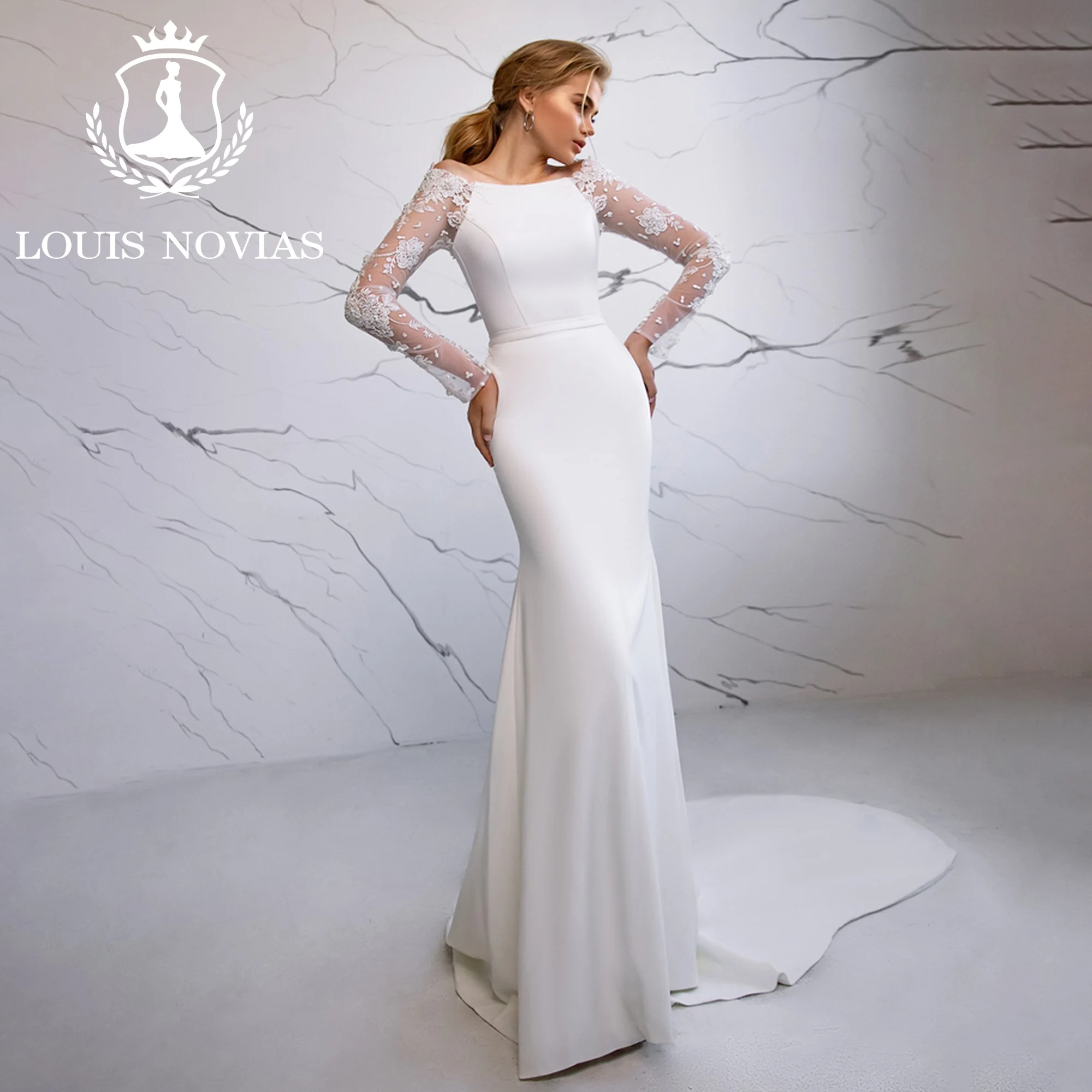 LOUIS NOVIAS Mermaid Long Sleeve Wedding Dress Sexy Glamorous Boat Neck Appliques Cut-out  Satin Wedding Gown Vestidos De Novia