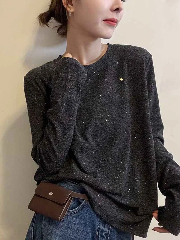 Ele Long Sve round Ne T-irt Dames losse afslankende basislaag irt Top Faionable Sequin Design Cartoon Print