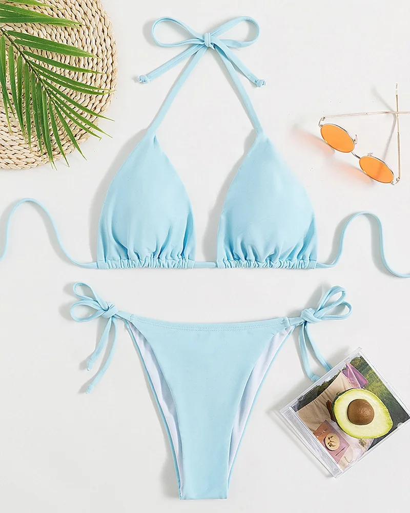 2026 NEW Summer Women's Two-Piece Bikini Tie-Neck Solid Color Sexy Elegance Swimsuit Hot Spring Resort Beach Bikini Set Swimwear