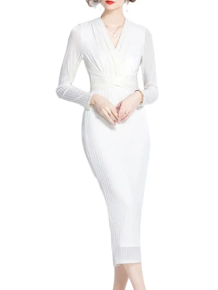 Temperament V-Neck Long Sleeved Tied Slim Fit Elastic White Hip Hugging Dress 2024 Autumn New Fashionable Women'S Clothing