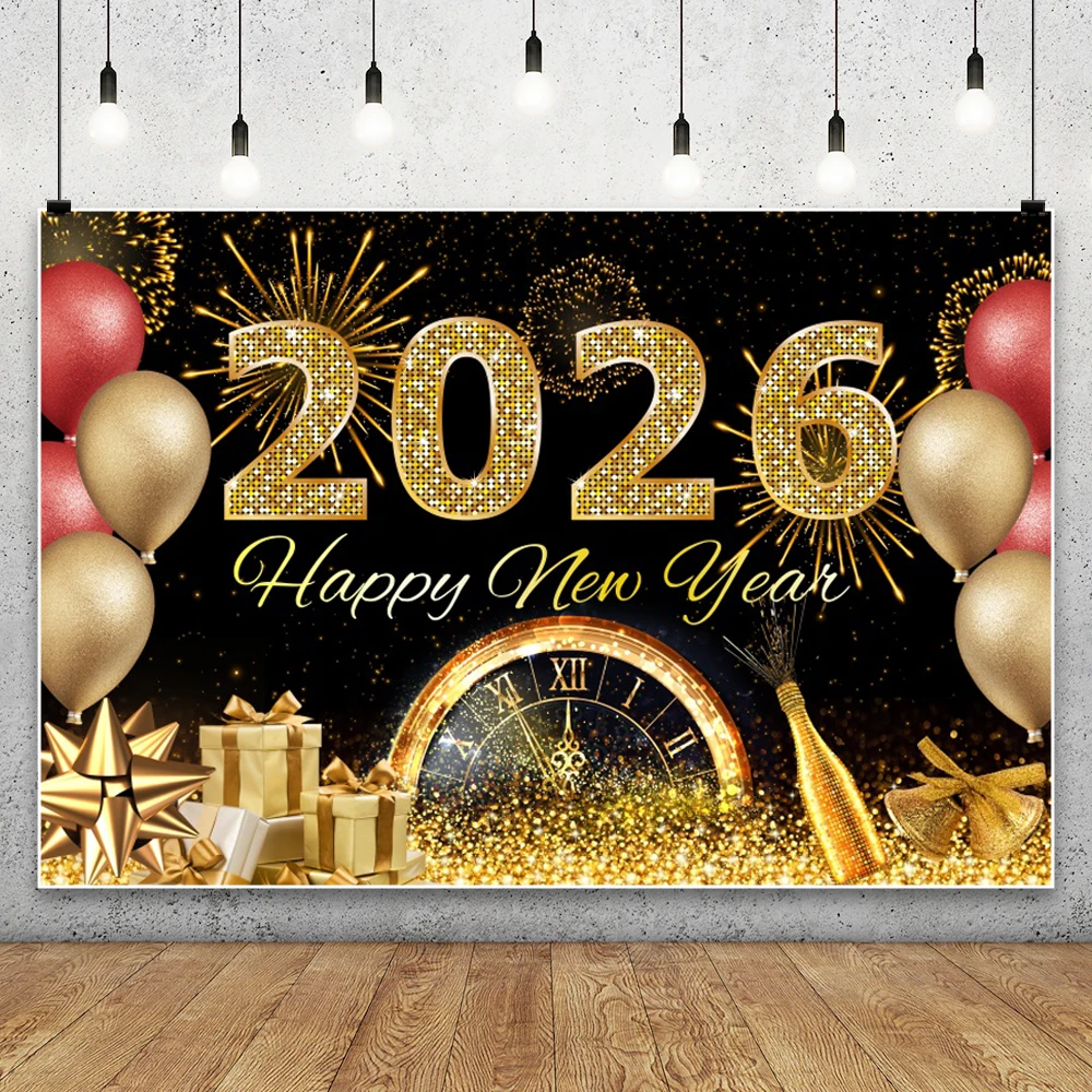 2026 Selamat Tahun Baru Latar Belakang Jam Kembang Api Kaca Sampanye Balon Berkilau Emas Latar Belakang Foto Pesta Festival Tahun Kuda