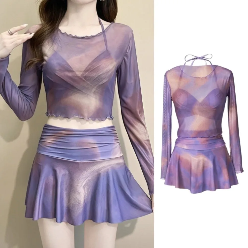 Fashion Tie-dye 3 in 1 Swimwear Set Sun Protection Purple Long Sleeve Swimsuit Beachwear camisole Bikini Bathing Suit Ladies