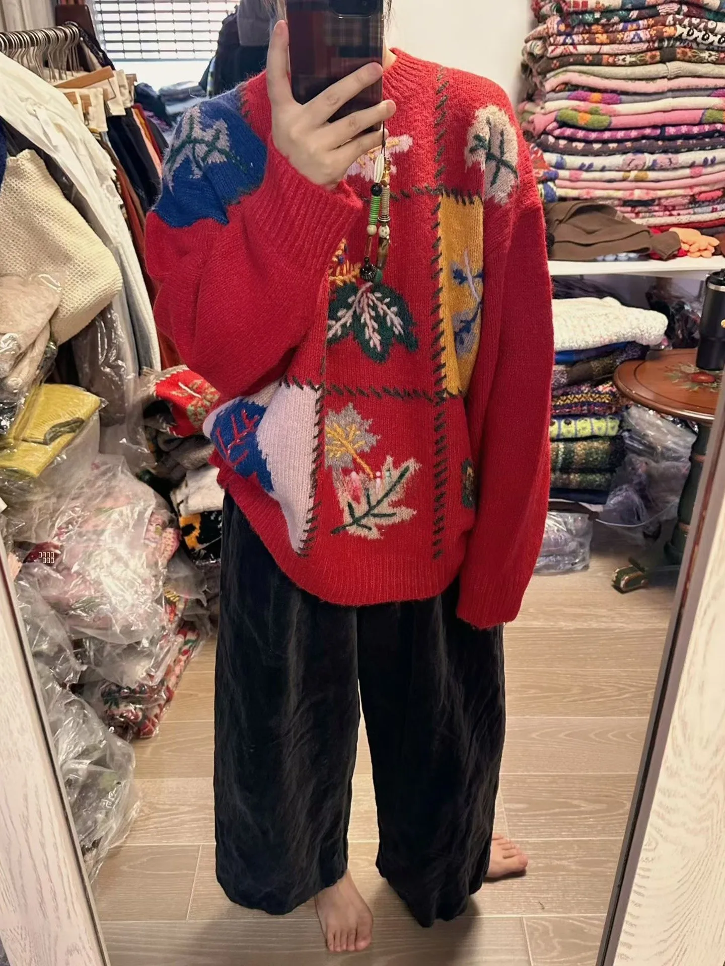 

Вязаный вручную свитер большого размера в красно-коричневую клетку для женщин, осенне-зимний, модный, в стиле ретро, для повседневной носки, свободного кроя, длинный