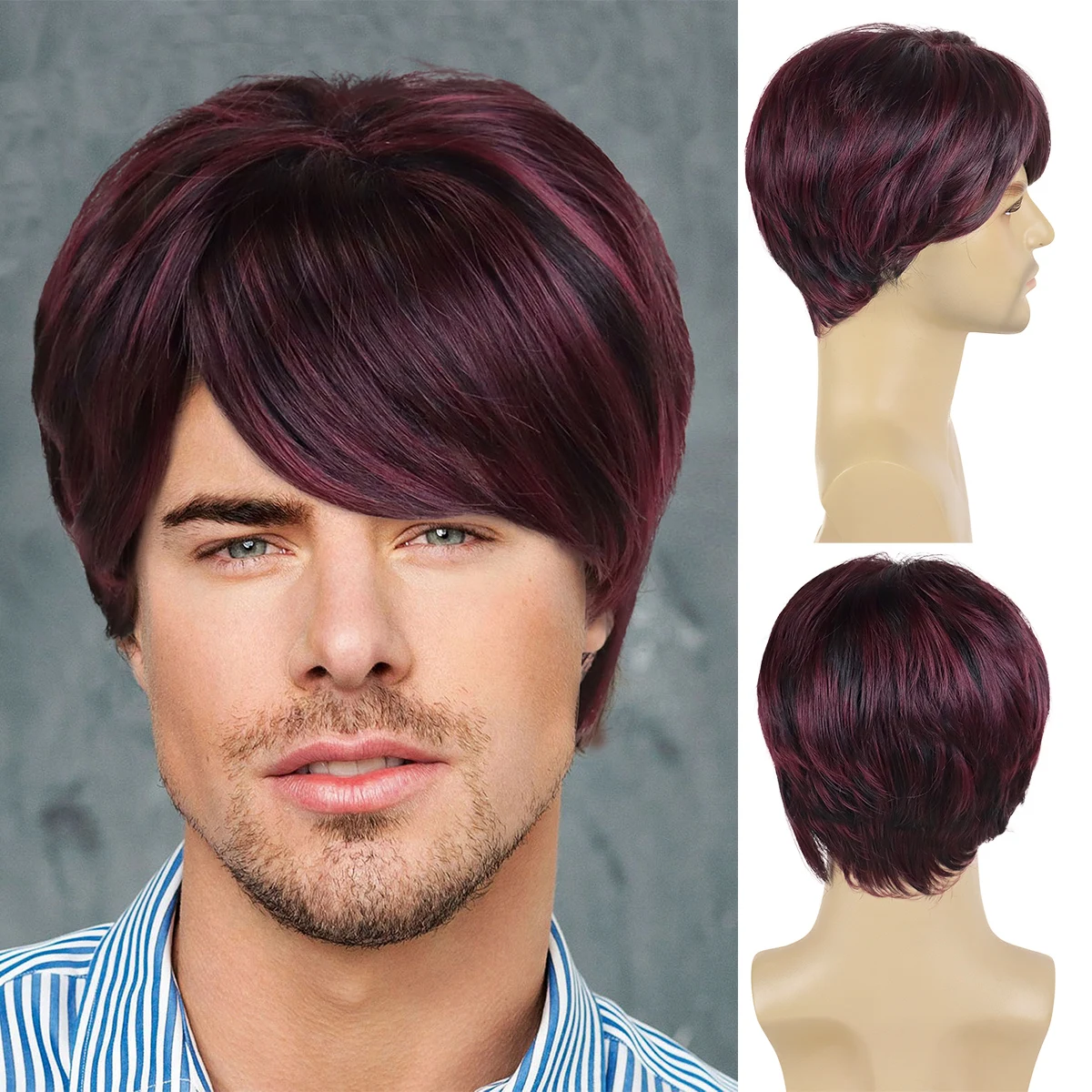 

GNIMEGIL Synthetic Natural Short Man Wig with Bangs Purple Wine Red Black Mixed Wigs for Men Cosplay Halloween Carnival Party