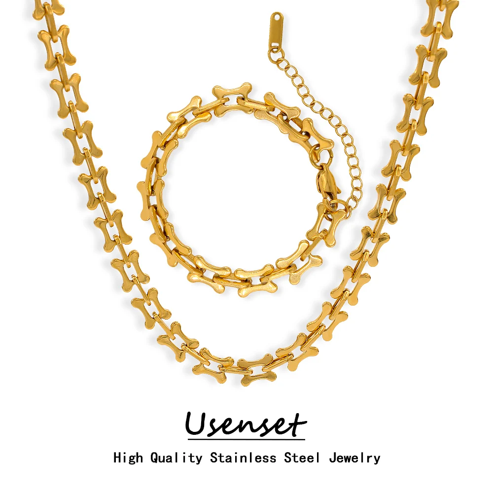 USENSET PVD Gold Plated Stainless Steel Chain Necklace Bracelet for Women Waterproof Charm Exquisite Metal Jewelry Set