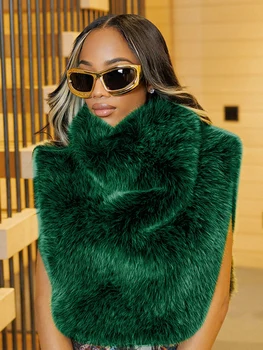 Sexy Furry Turtleneck Sleeveless Jackets Women Warm Cut Out Casual Waistcoat 2025 Fall Winter Harajuku Elegant Y2K Clothes