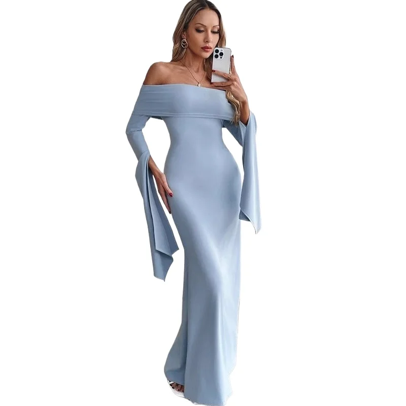 French  Temperament One-word Fashion Long Dress Fishtail Long Sleeve Slim Spice Girl Skinny High Appearance Level High Quality