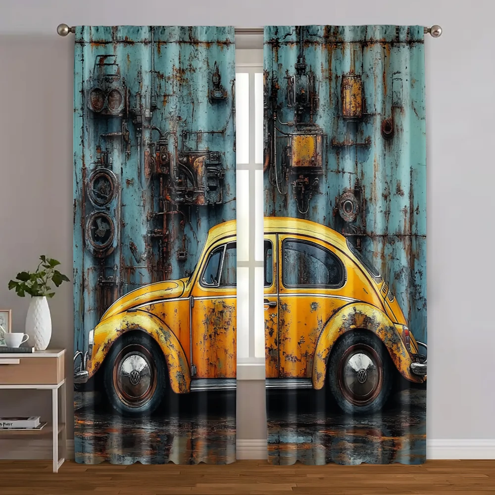 

2pcs, Light Filtering Curtains 2D print Vintage Rusty Classic Cars Fabric (without rod) Versatile All Ldeal for Bedroom, Living