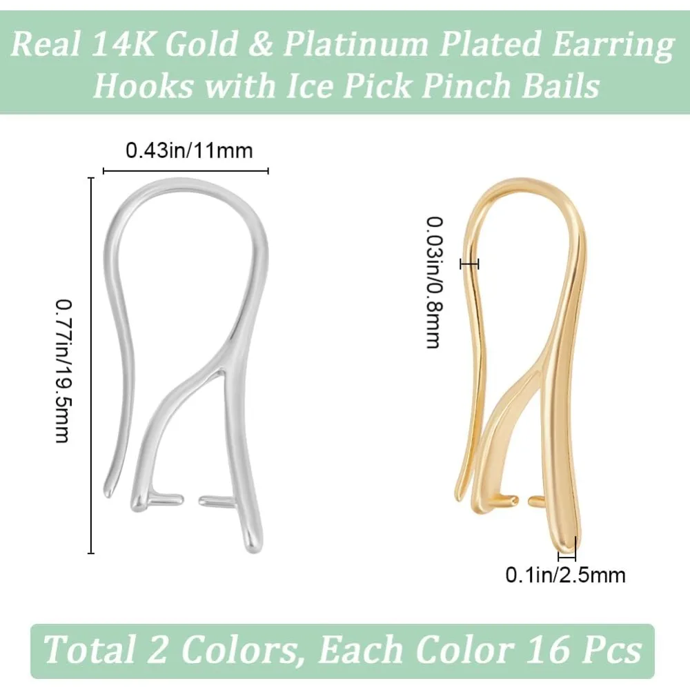 32Pcs 2 Styles Ear Wire with Pinch Bails 14K Gold & Platinum Plated Brass Earring Findings Clasp Wire Earring Hooks making kit