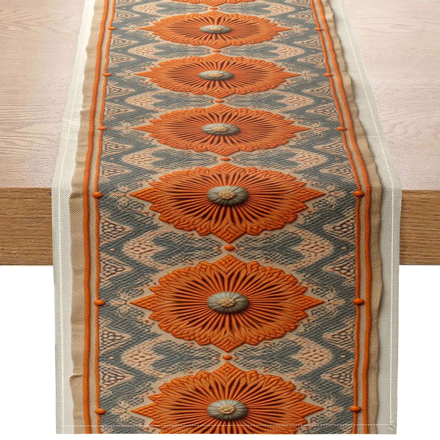 

1 Piece of Three-Dimensional Embossed Pattern Table Runner, Orange and Blue Color Scheme + Symmetrical Geometric Floral Embossed Design, Suitable for High-End Hotel Banquets, Vintage-Style Restaurants, Art Exhibition Hall Decorations, Traditional Festival