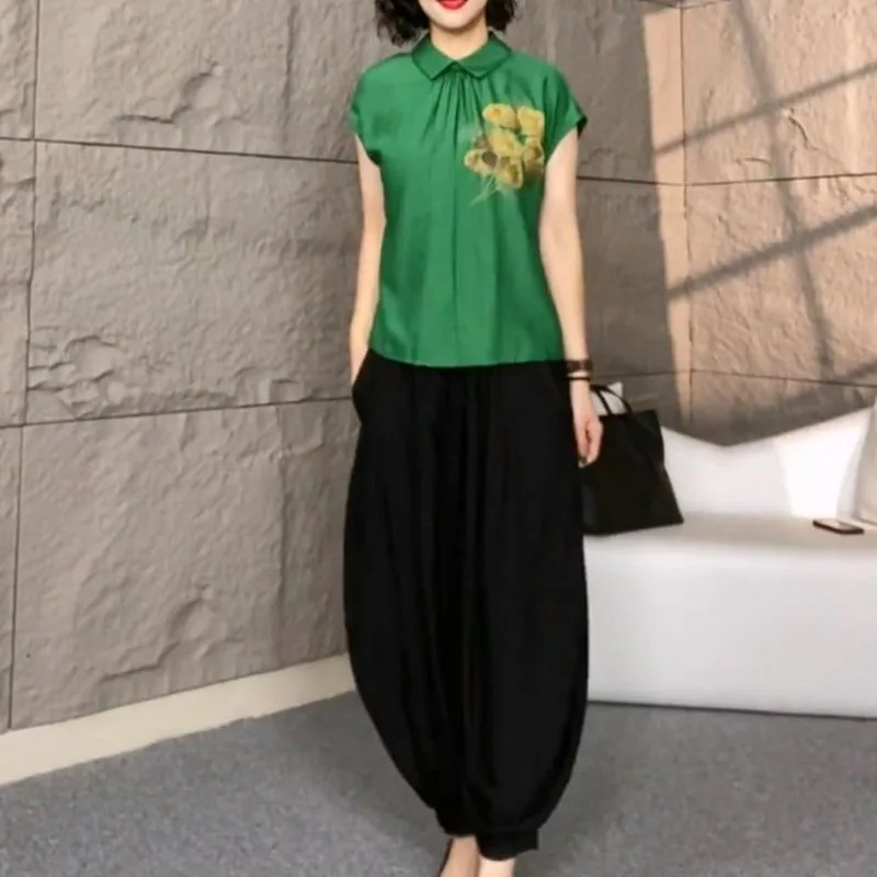 2025 Stampa femminile Top Pantalons Abito a due pezzi Pantaloni moda donna coreana Pantaloni lanterna manica corta da donna estiva 2 pezzi