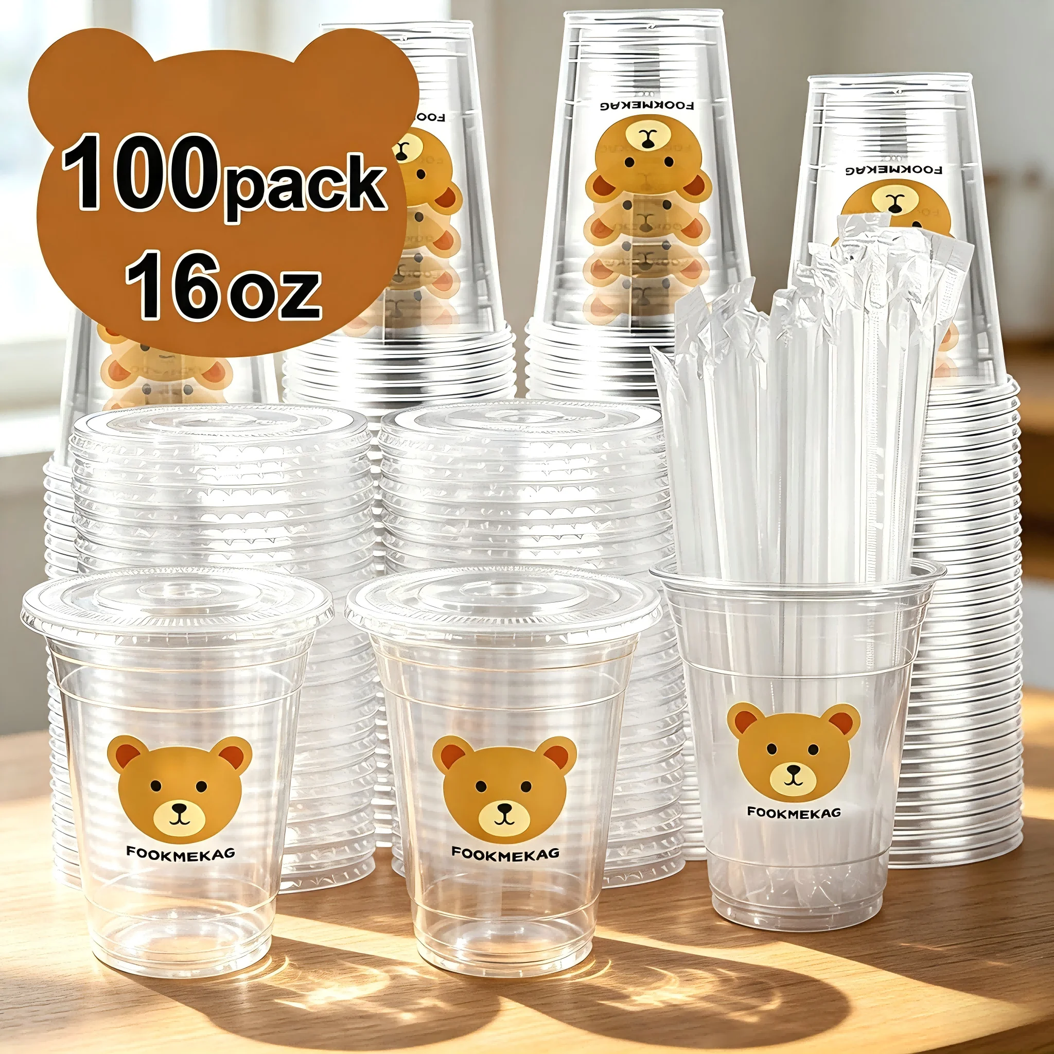 100 Sets Clear PET Reusable Cold Drink Cups with Straws, 16oz Cute Bear Printed Plastic Tumblers, Freezer-Safe Only For Cold Beverages, Ideal For Iced Coffee, Smoothies, Bear Themed Parties, Holiday Gatherings & Family Events