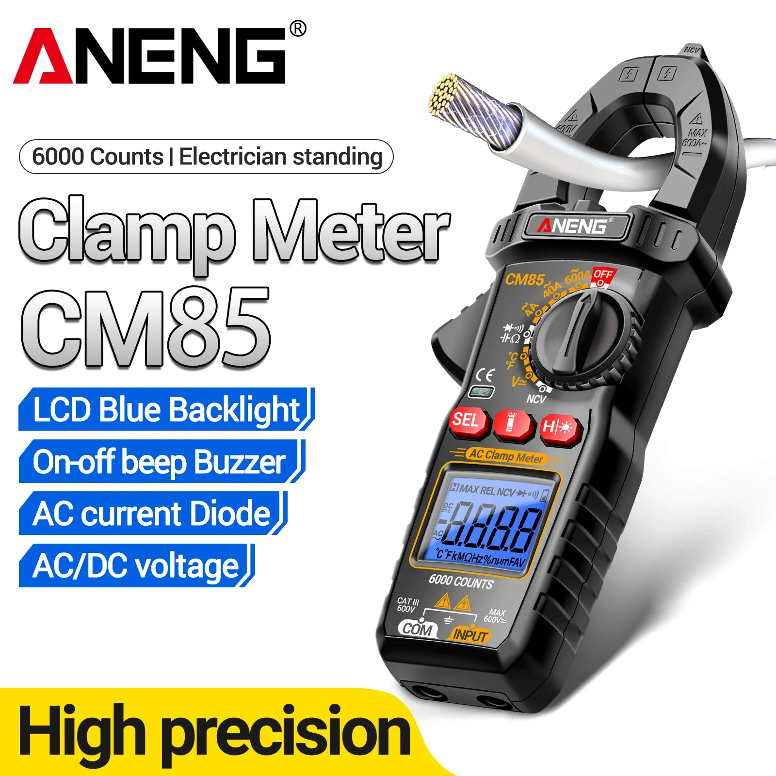 ANENG CM85 Digital Clamp Meter 600A AC Current Temp NCV Diode Buzzer Backlight Flashlight Data Hold Electrical Repair Test Tool