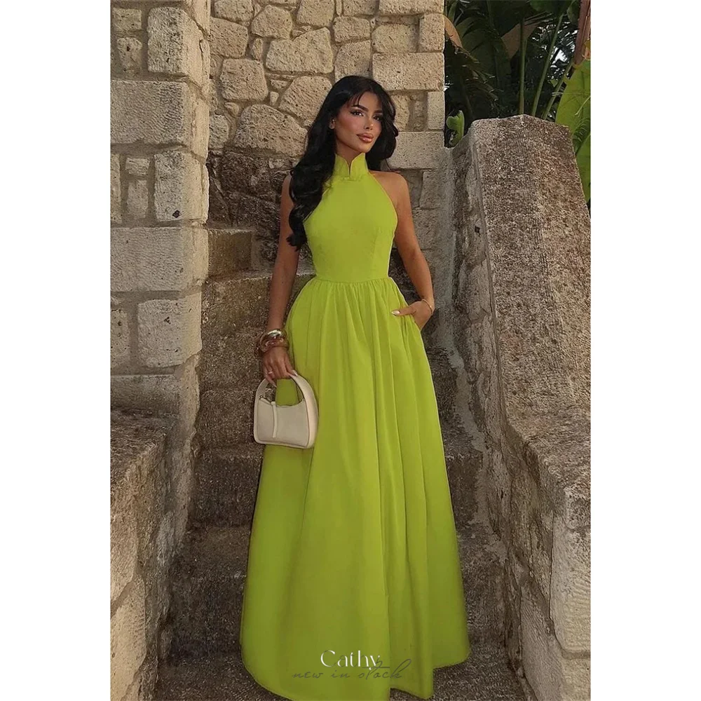

Cathy Customized Green High Neck Waist Cinching Prom Dresses Backless Sleeveless vestidos de noiva Floor-Length Formal Evening