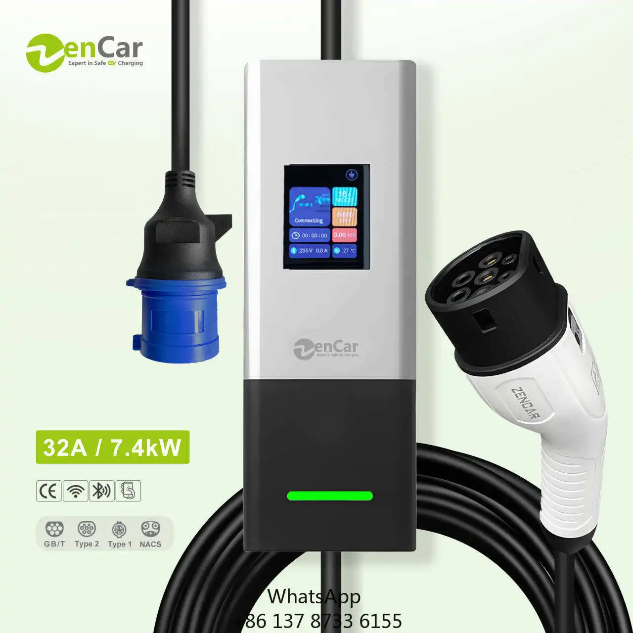 Zencar 32A Portable EV Charger 7.4KW Type 2 Plug Smart EVSE With Current Adjustable For Electric Vehicle Home Charging