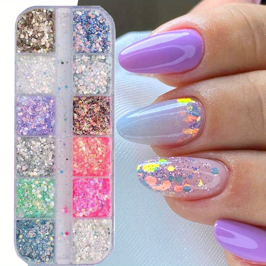 Conjunto de lantejoulas com glitter para arte em unhas, 12 cores, tamanhos mistos, flocos iridescentes para unhas acrílicas, pó de glitter gradiente, decorações de unhas *