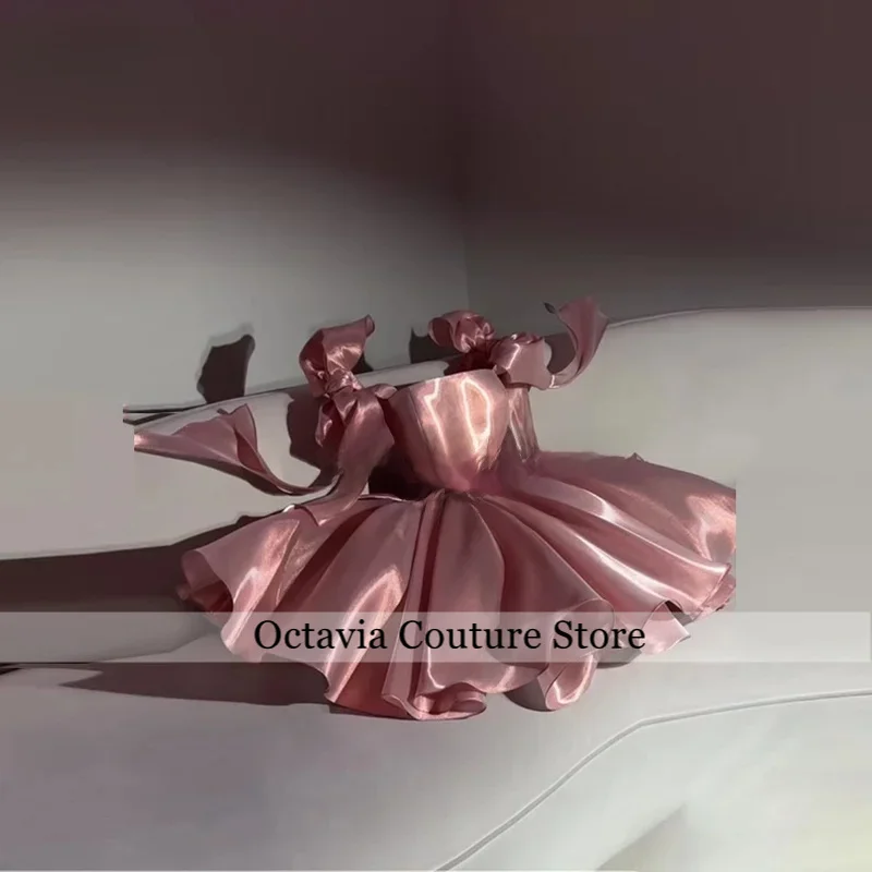 

Pink Satin Prom Dresses Strapless Bow Satraps Short Birthday Dress for Women Sexy Lace Up Back Graduation Dress Customized