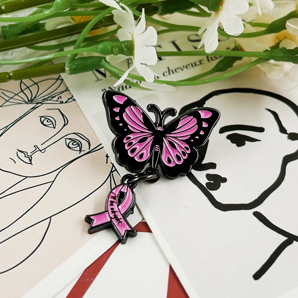 Ich werde es schaffen – Schmetterling, rosa Band, Emaille-Anstecker, Abzeichen zur Sensibilisierung für Brustkrebs, vermittelt Hoffnung, optimistische Brosche, Schmuck-Accessoire. – Detail 5