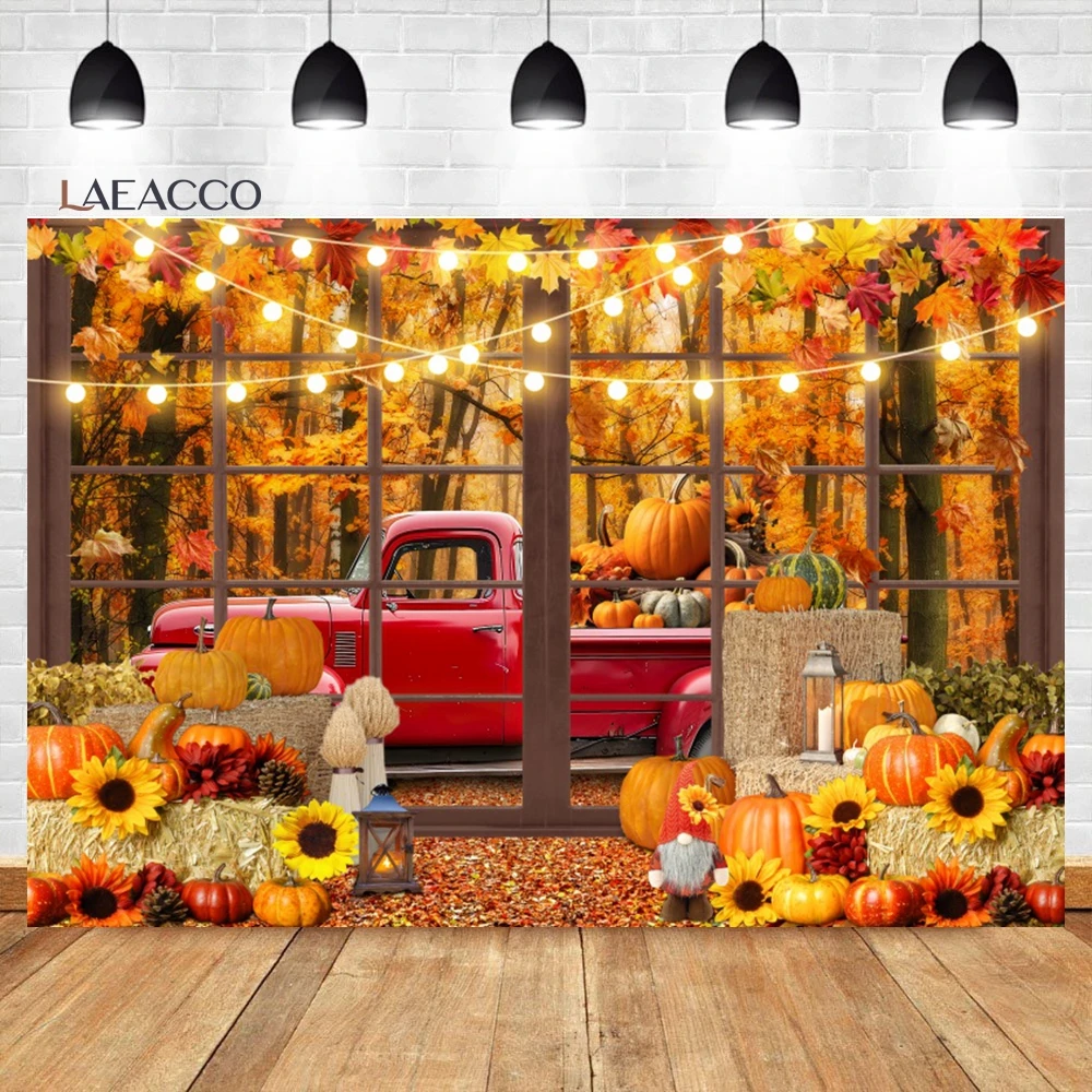 

Laeacco Autumn Forest Truck Backdrop Fall Forest Scene Natural Windowsill Fall Harvest Pumpkin Portrait Photography Background