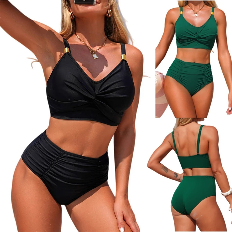 

Купальник-бикини из двух частей для женщин 2026: комплект с утягивающим эффектом, топ с V-образным вырезом и перекрестными лямками, плавки с высокой талией