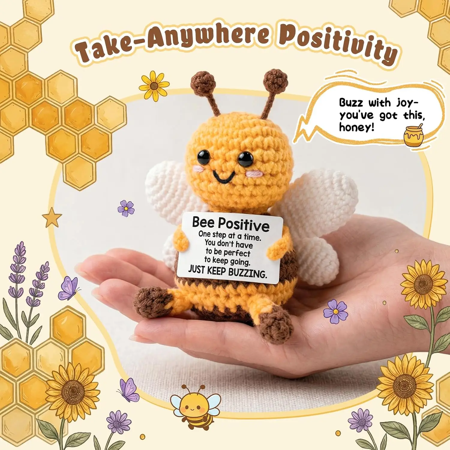 Crochet Positive Energy Bee Doll Hug Pocket Mini Handmade Knitting Dolls Funny Emotional Support Crochet Gift for Birthday