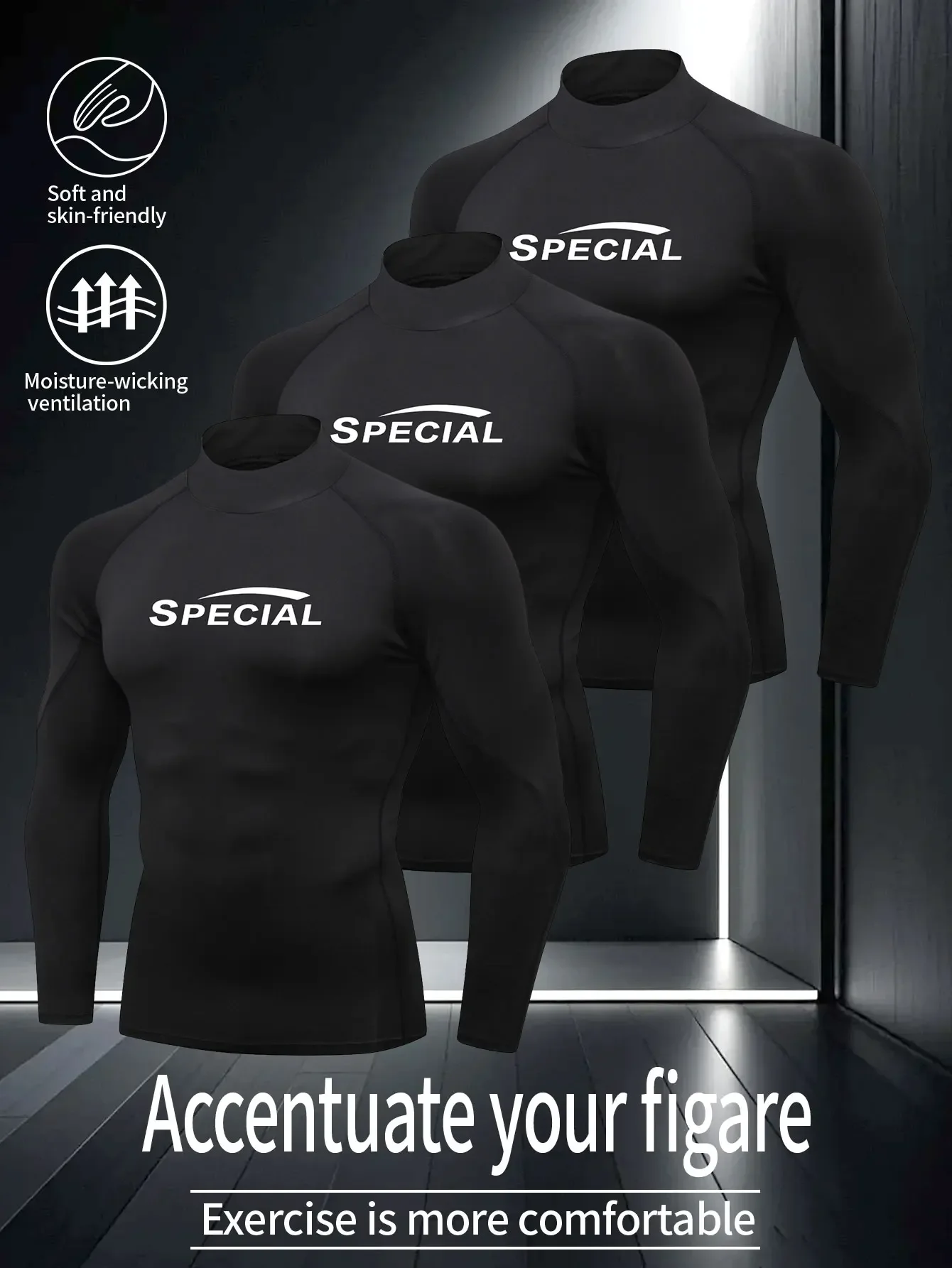 

3PCS,Men's high-neck muscle shark fitness suit, long-sleeved running, quick-drying and breathable