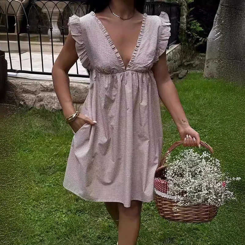 Elegant Draped V-Neck Sweet Mini Dress Women Casual Sleeveless Loose A-Line Dress Summer Fashion Plaid Print Pockte Party Dress