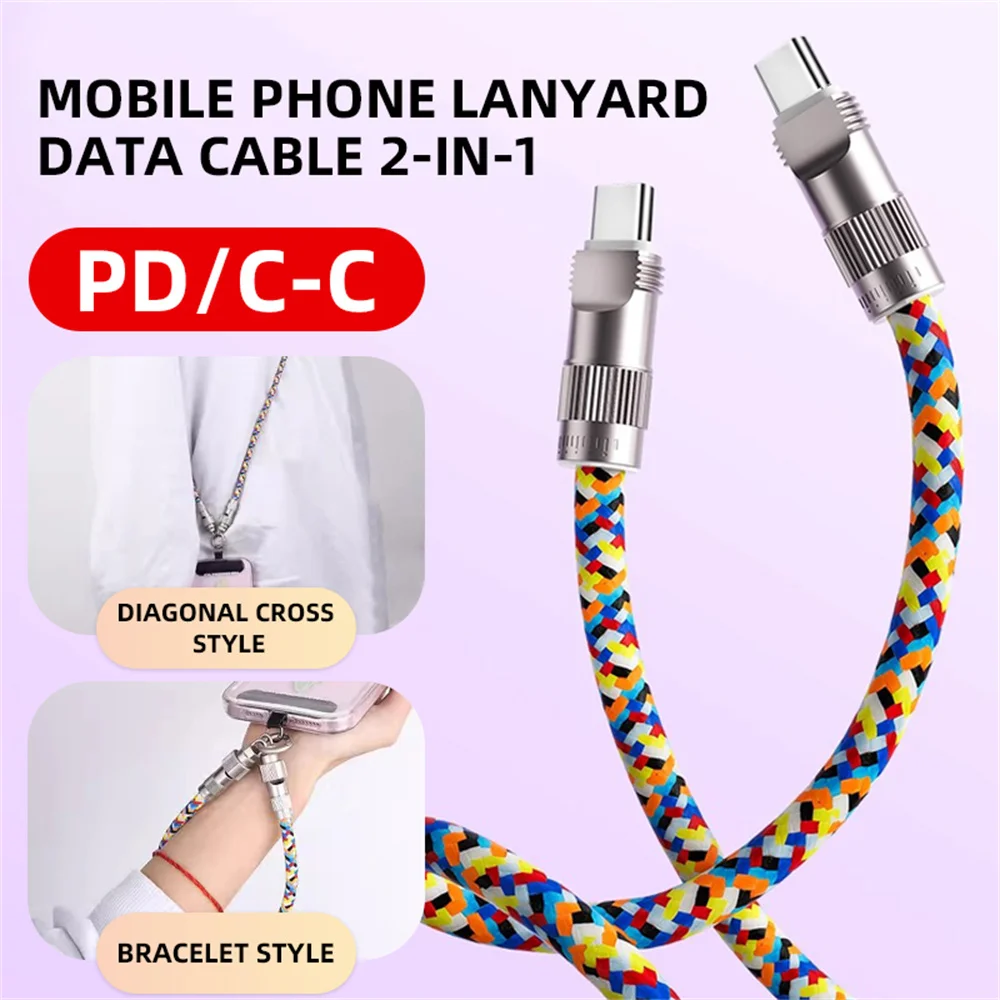 2 in 1 60W Phone Lanyard Cable USB Type C To Type C Fast Charging Data Cord For iPhone Samsung Xiaom Huawei PD Quick Charge Wire