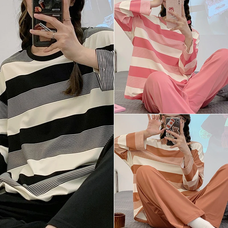 Pajamas Women Long Sleeve Set Loose Long Pants Homewear Classic Black Striped Casual Two Piece Set