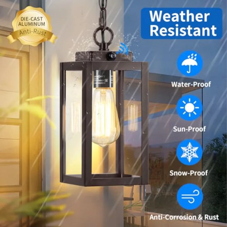 11'' Dusk to Dawn Outdoor Pendant Light, Modern Outside Chandelier Outdoor Hanging Lantern Light, Matte with Clear Glass, Exter