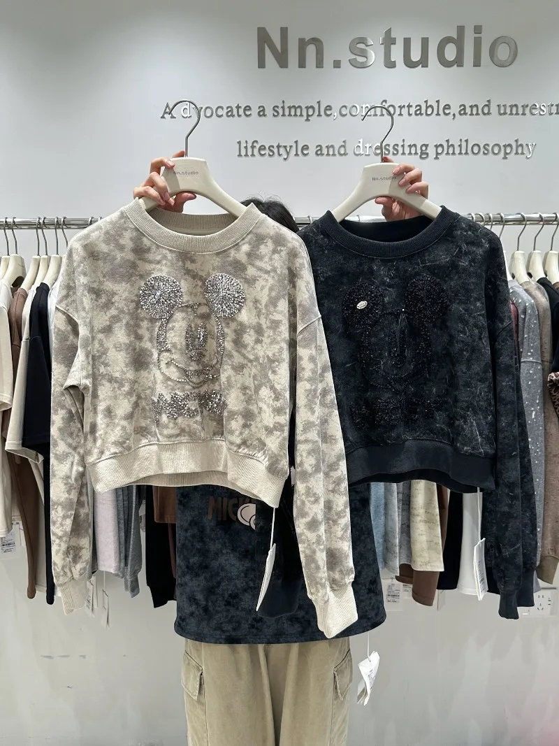 Heavy Industry Tie-Dye Embroidery Cartoon O-Neck Short Sweatshirt Women's Autumn Loose Age-Reducing High-Waist Design Hoodies