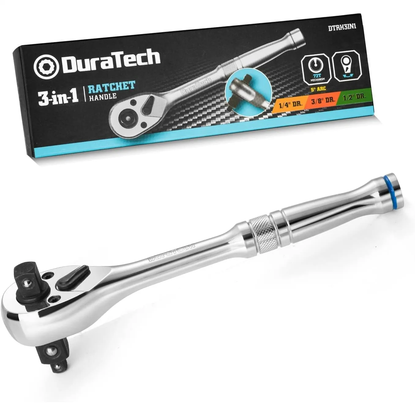 

3-in-1 Ratchet Wrench Set with 1/4", 3/8", and 1/2" Drive, 72-Tooth Reversible Switch, Full-Polished Chrome Plating for Smooth