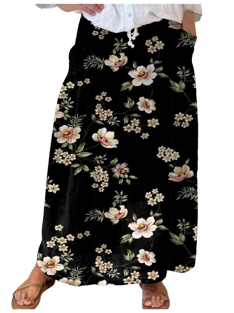 

Women Floral Print Long Skirt Fashion Pockets Pleated Linen Skirts Autumn 2024 New Casual Elegant High Waist A Line Femme Skirts