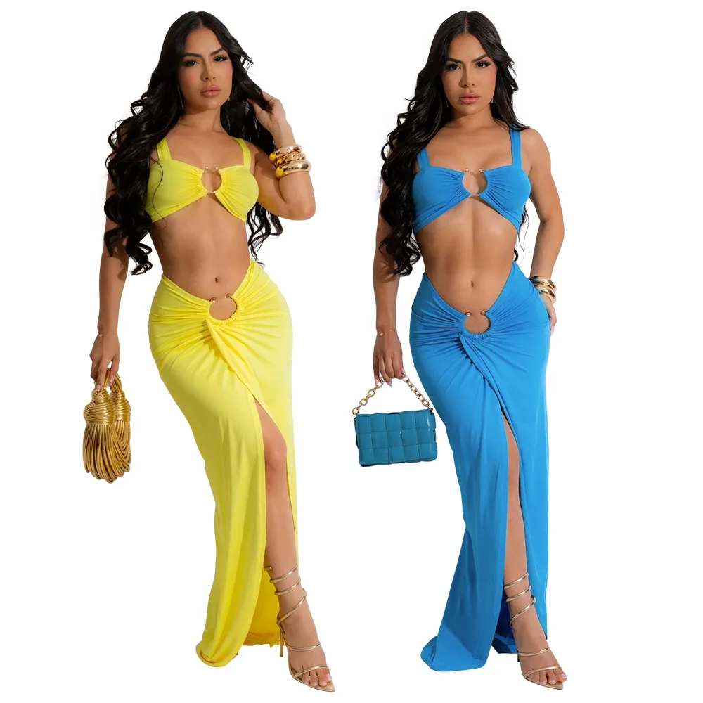 

Elegant Women 2 Piece Set Solid Mental Stitch Crop Tank Top High Slit Maxi Skirts Matching Set 2024 Summer Beach Bathing Suits