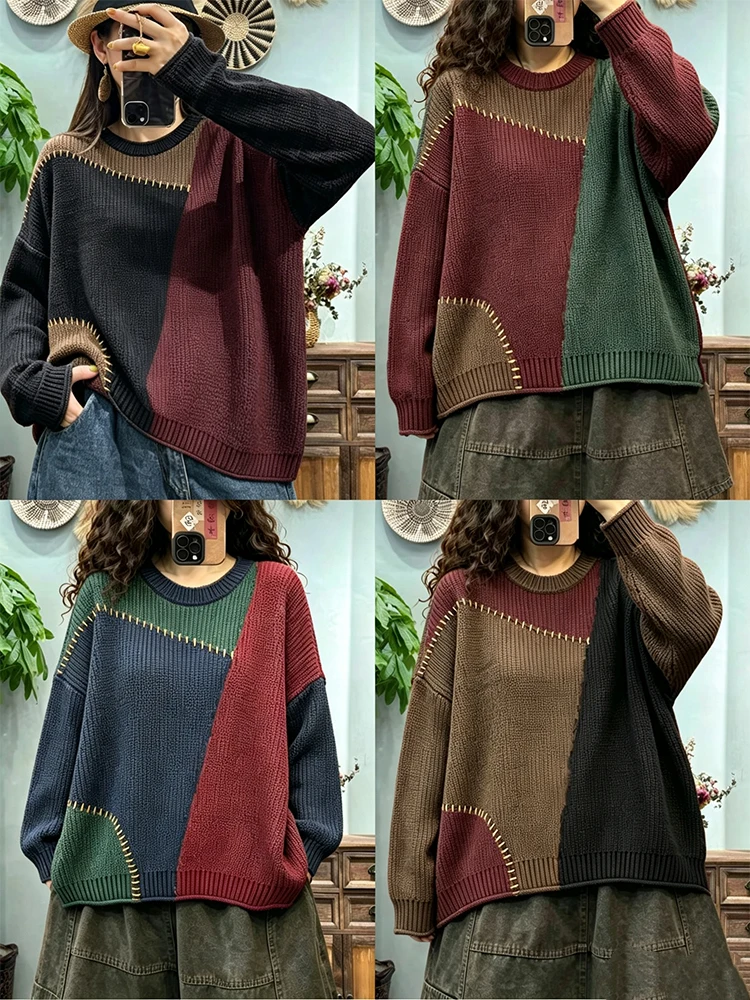 Amax LuluE Autumn Ladies Vintage Knitted Pullover Fashion Big Size Sweaters Womens Leisure Loose Embroidery Warm O Neck Jumpers view 6