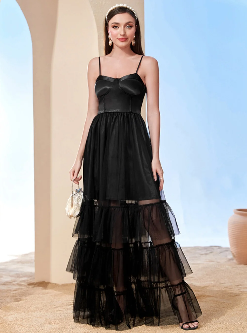 Women's 2024 New Black Halter Dresses Spliced Mesh Prom Dresses Cocktail Party Long Dresses