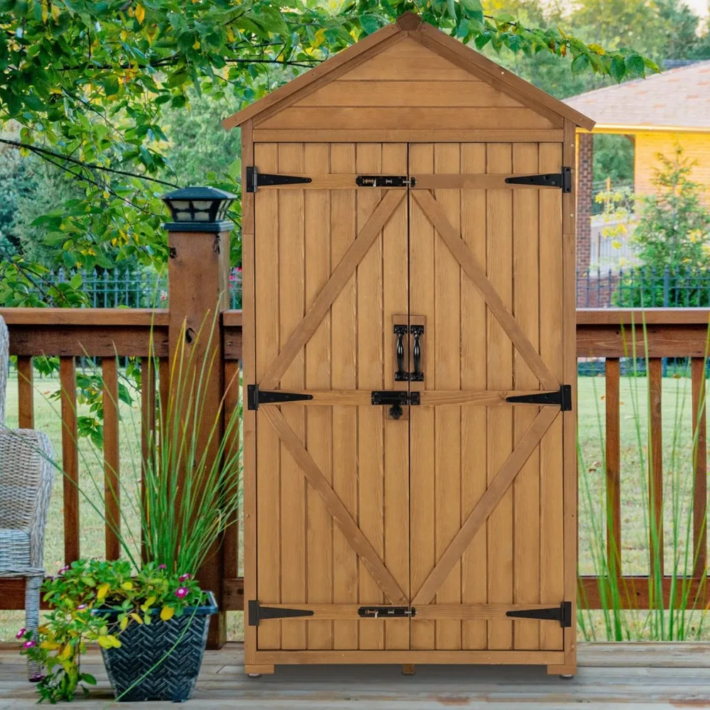 Outdoor storage cupboards, garden wood tool sheds, outdoor wood shed closets with shelves and latches for yards, patios