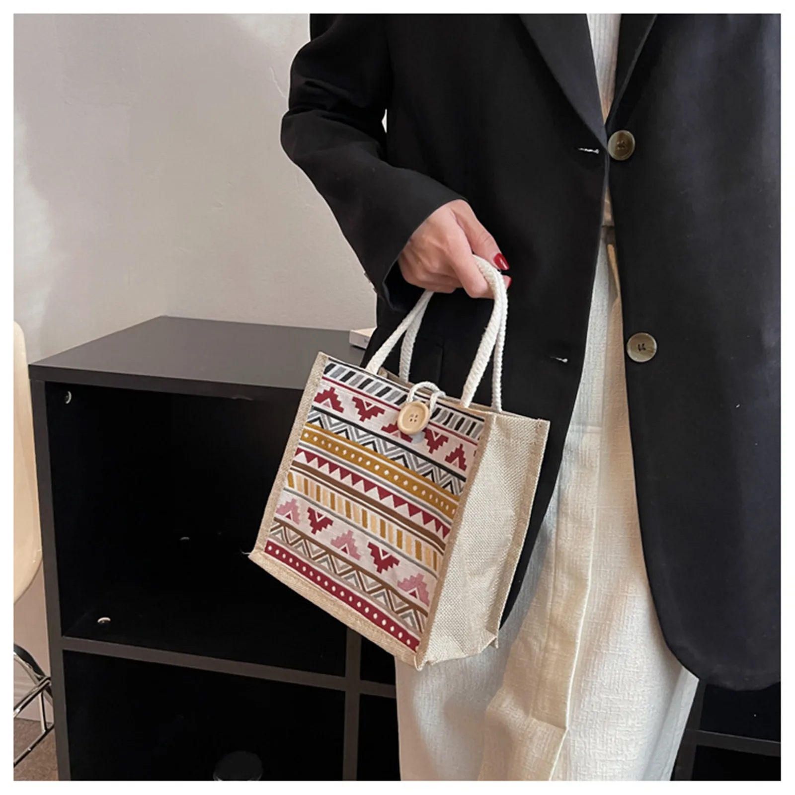 Fashion Woman Burlap Jute Tote Shopping Bag With Botton Vintage Reusable Grocery Wedding Birthday Gift Bag Ladies Handbags