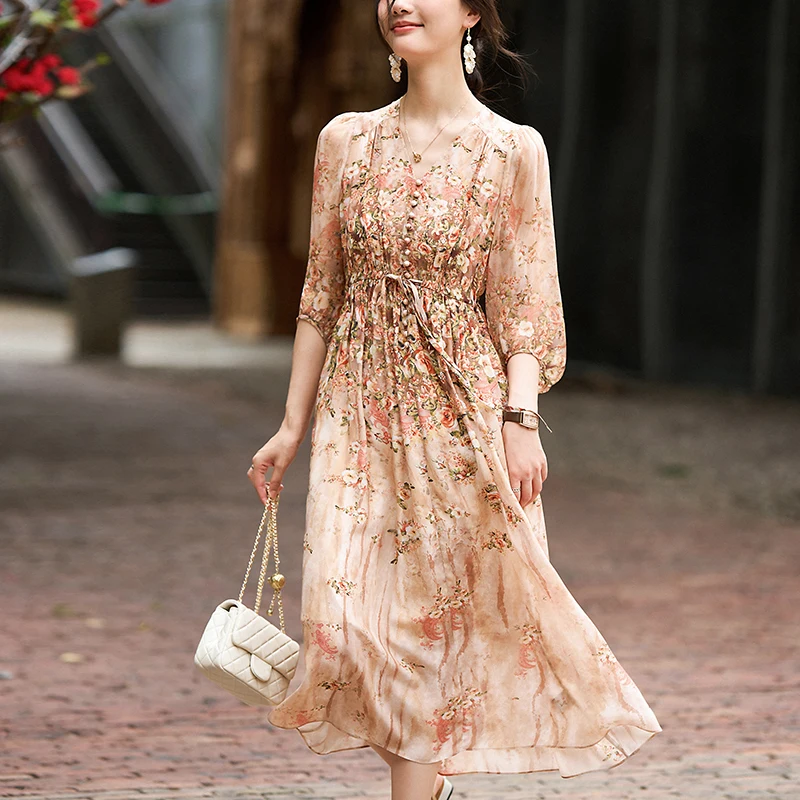 New Prairie Chic Women's Floral Print Dress Summer 100% Real Silk Elegant Fashion Dresses for Women V-neck A-line Long Dress