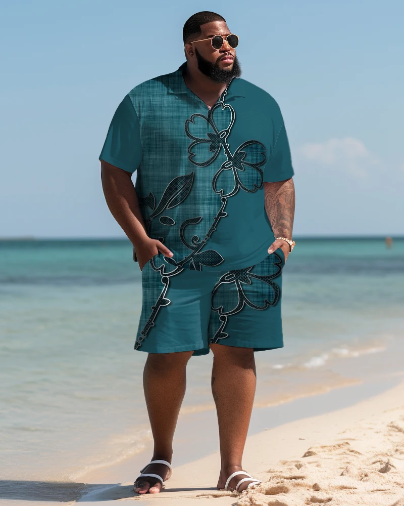 Biggman-L-9XL Conjunto de camiseta estampada bordada azul praia masculina, manga curta, roupa casual para viagem, grande e alta, grande e alta